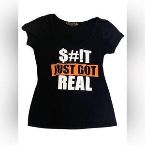 COOGI Women’s Black Tee with Bold White and Orange Print. Size: L. Great Cond.